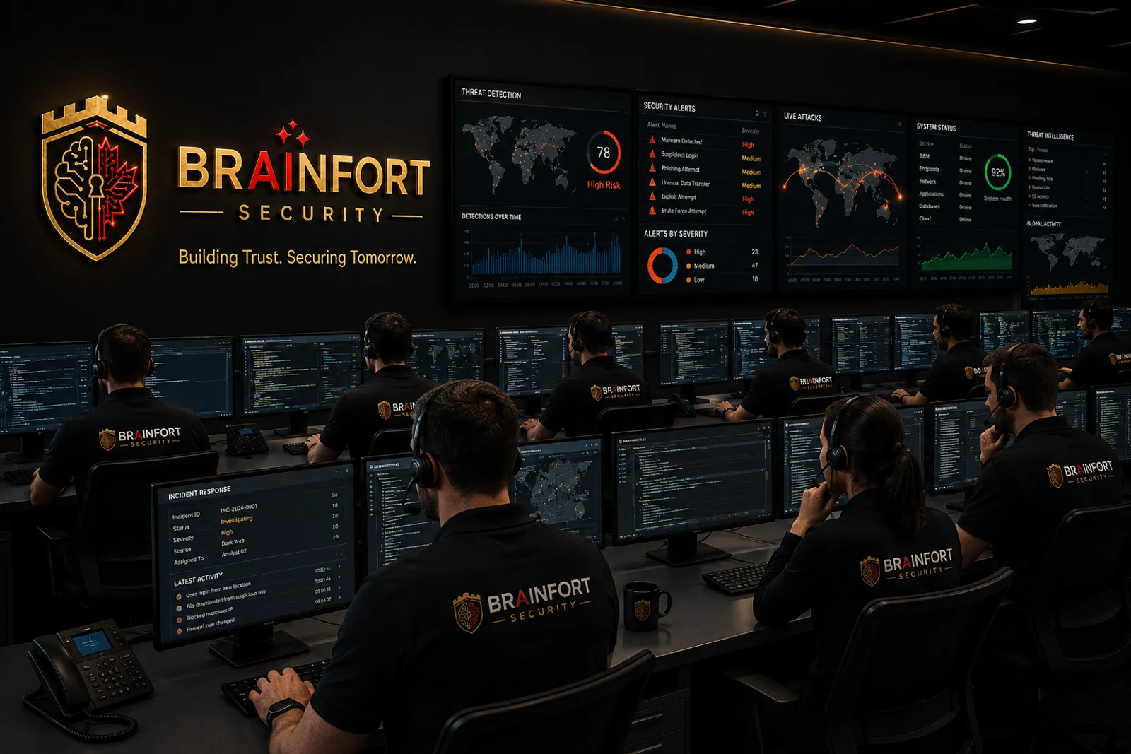 The BrainFort Security operations team monitoring live threat dashboards.